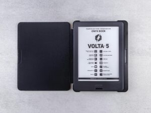 Top view of an Onyx Boox Volta 5 ebook reader in an open black leather case.